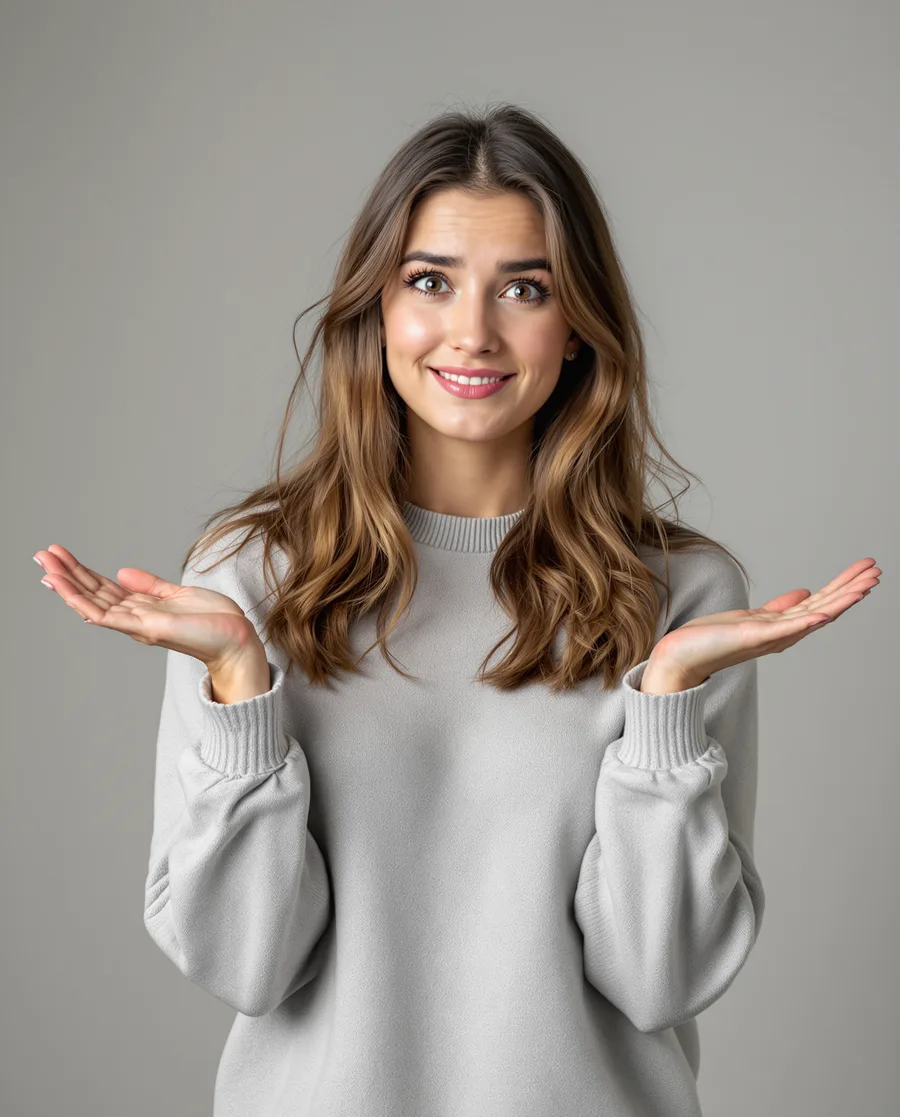 A young woman shrugging with both palms up, puzzled