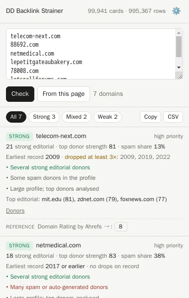 DD Backlink Strainer side panel with verdicts